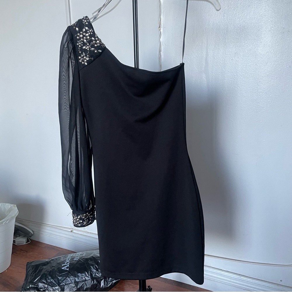 ASOS Petite black one shoulder jeweled mesh short dress